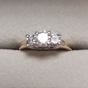 14 K Yellow And White Solid Gold With 3 Stone Diamond Women's Ring. Size 6.5